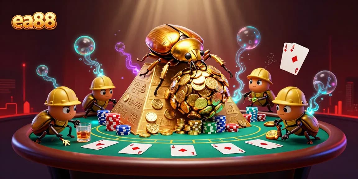 Experience thrilling wins at ea88 with a vibrant 3D casino scene full of gaming excitement with beetles and chips.