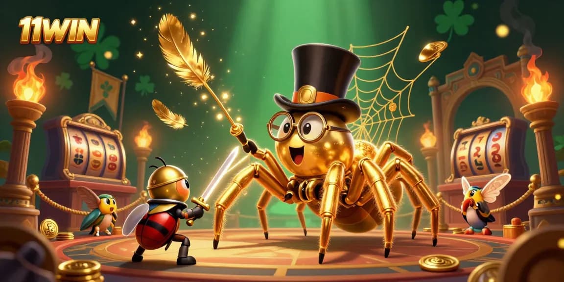 11WIN casino artwork featuring golden tarantula and beetle knight amidst vibrant slot games