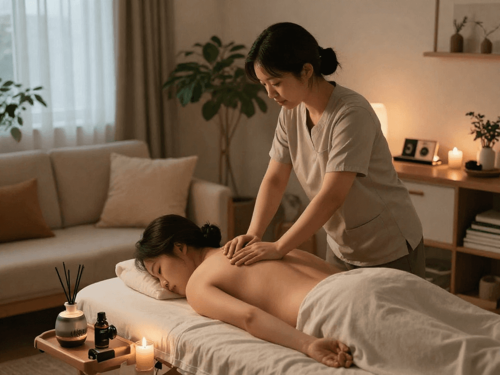 부천출장마사지 service provided at home with a tranquil atmosphere, showcasing a professional therapist and calming decor.