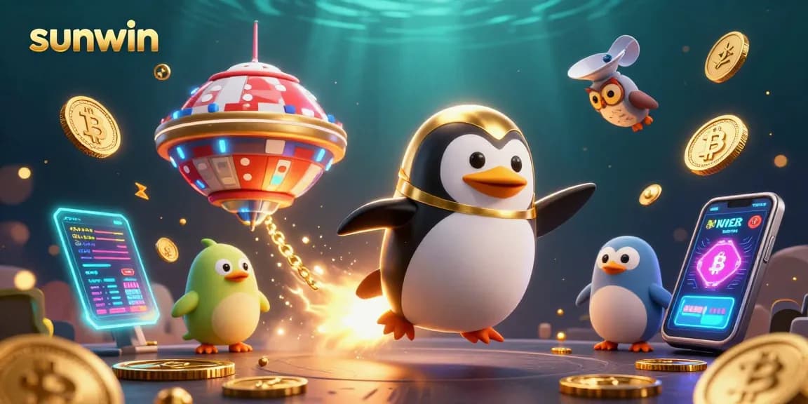 Experience excitement with sunwin as a golden penguin rockets toward a casino chip in space.