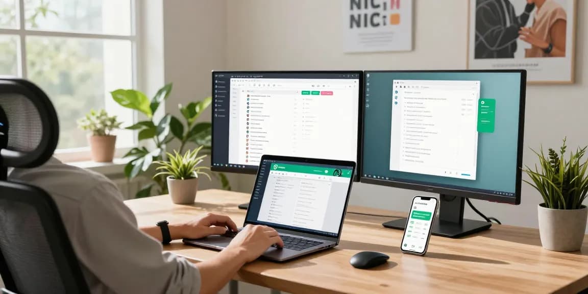 Person using WhatsApp電腦版 on a laptop in a modern workspace setting.