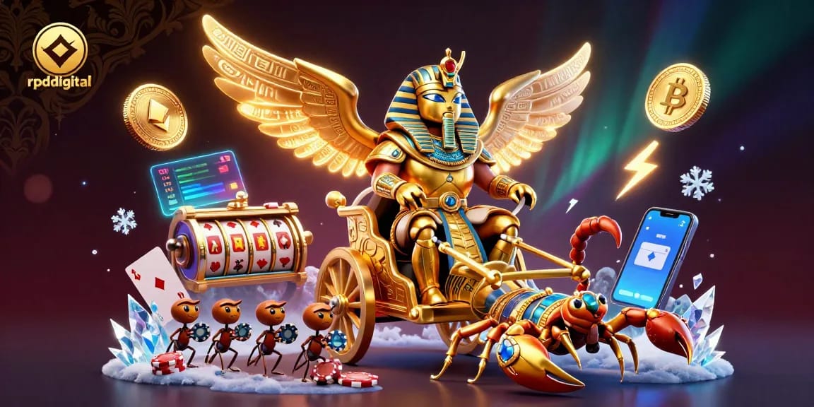 Showcase rpdigital's casino adventure with a golden scarab beetle and vibrant gaming elements.