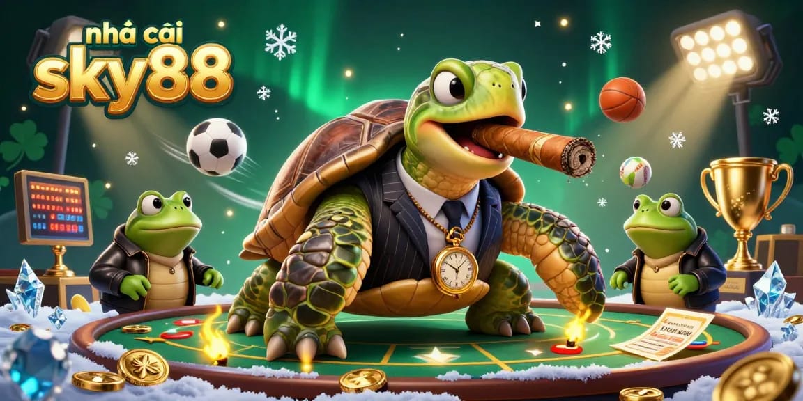 Engage with nhà cái sky88 in a vibrant sports betting environment featuring unique characters, dynamic elements, and a lively casino ambiance.