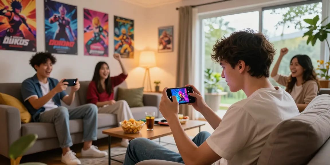 Playing mobile hentai games in a cozy living room with friends, vibrant atmosphere.