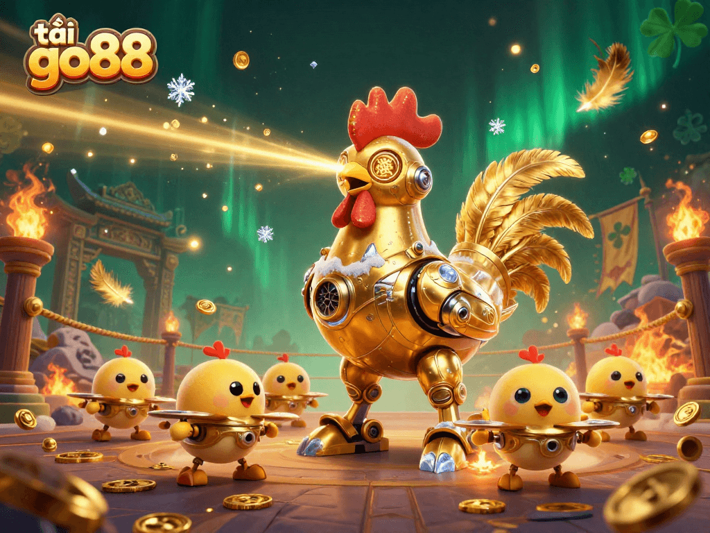 Engage in action with tải go88 as a golden rooster robot and chick drones illuminate the casino scene.