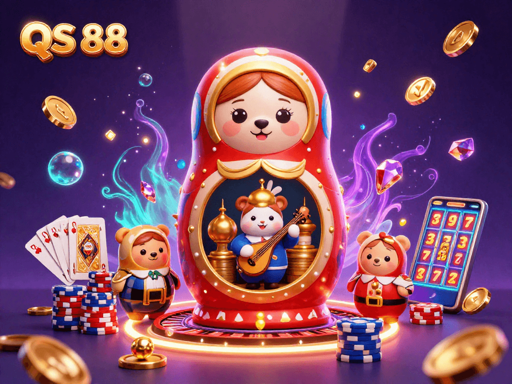 Engaging QS 88 casino experience captured with festive bears, coins, roulette, and vibrant colors.