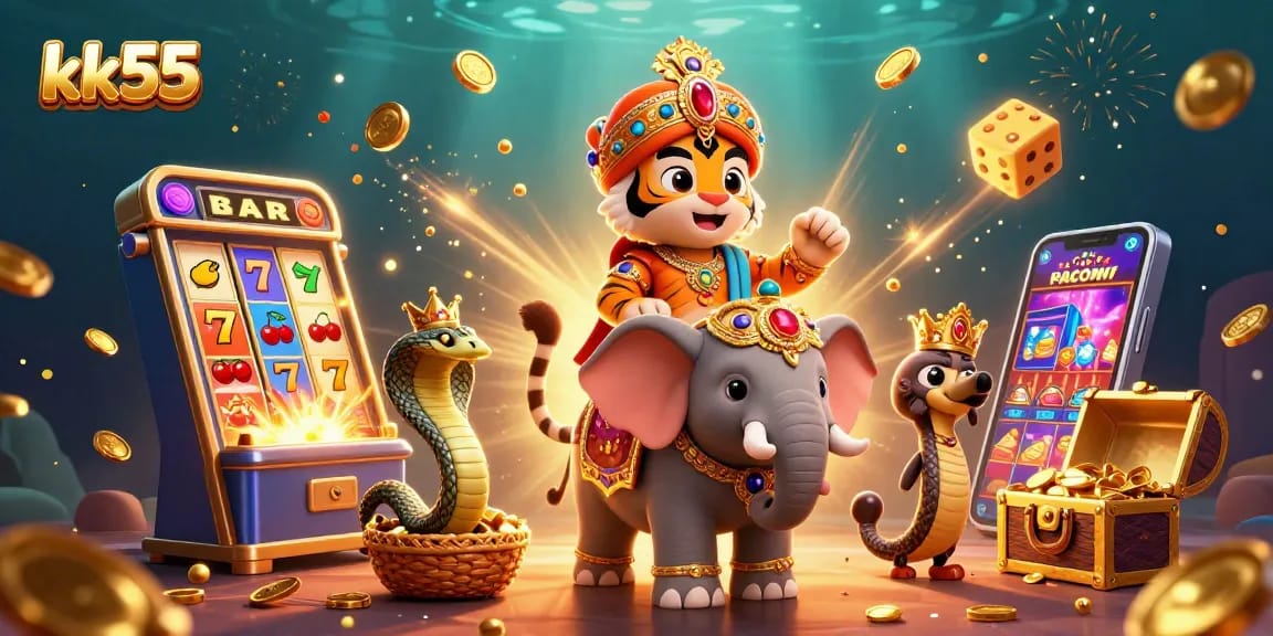 Experience exciting wins at kk55 with a vibrant 3D casino scene filled with slot machines and treasures.