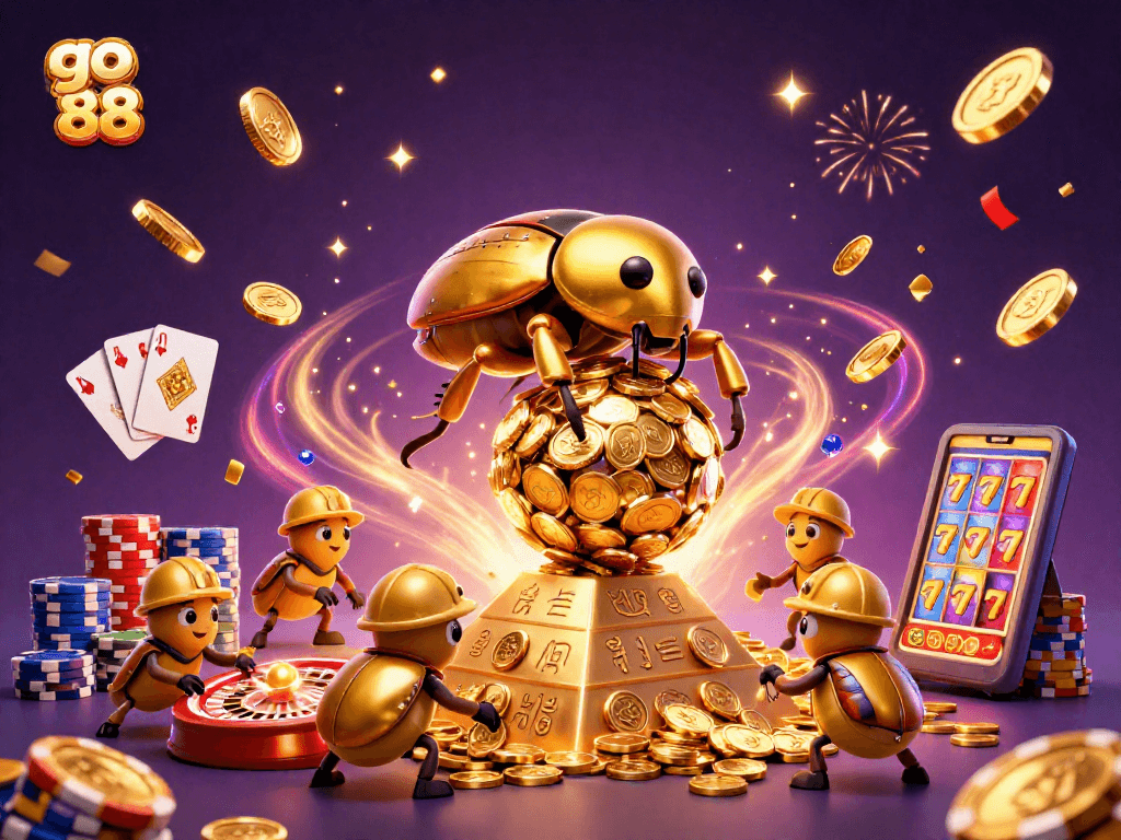 Engage with go 88's thrilling 3D casino adventure featuring golden beetles and jackpot symbols!