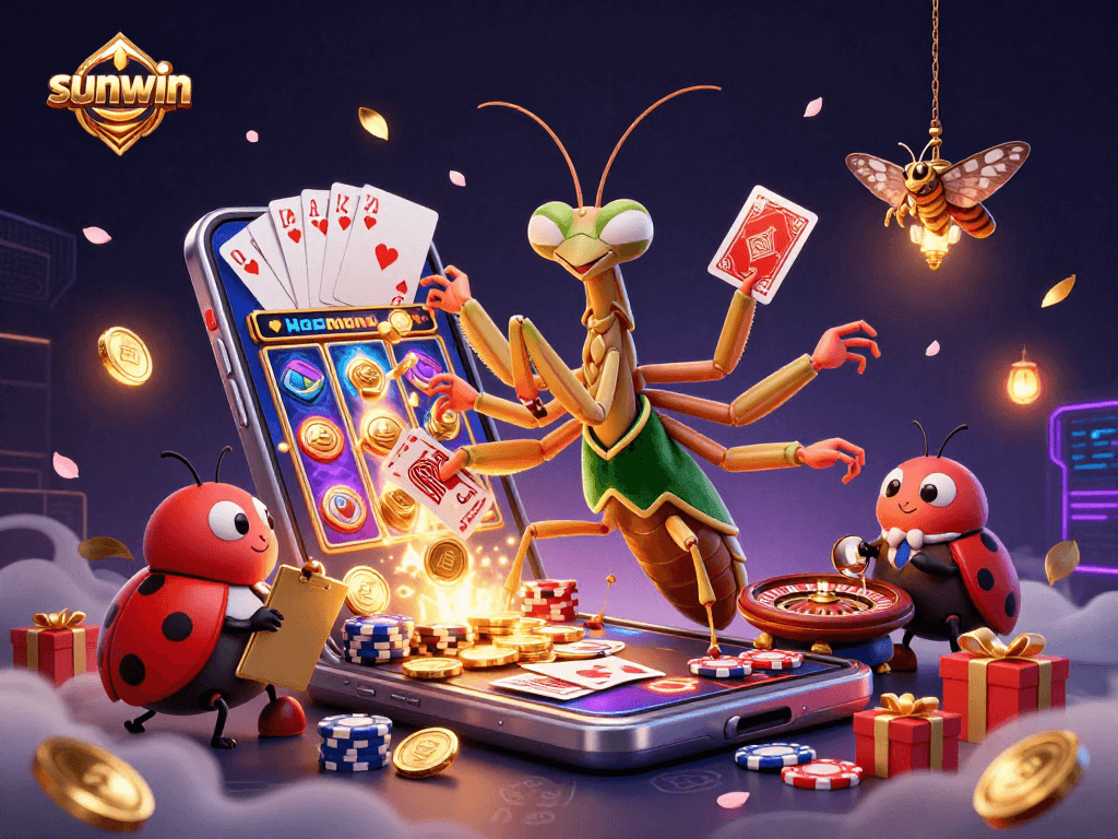 Experience thrilling gameplay with Sunwin's vibrant 3D casino illustration featuring unique characters and dynamic elements.