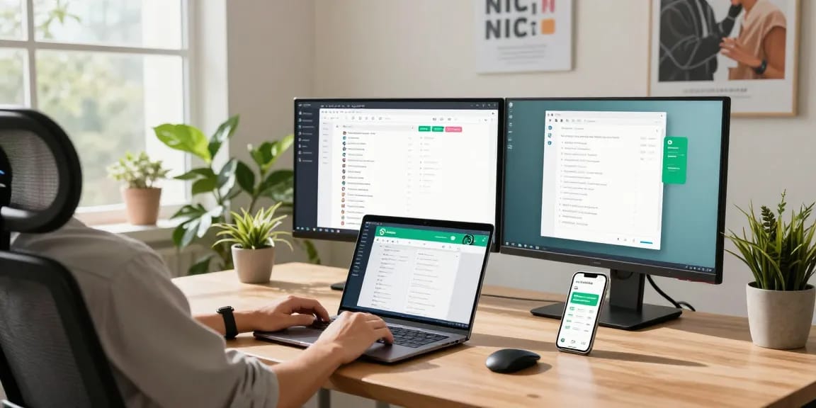 Person using WhatsApp電腦版 on a laptop in a modern workspace setting.