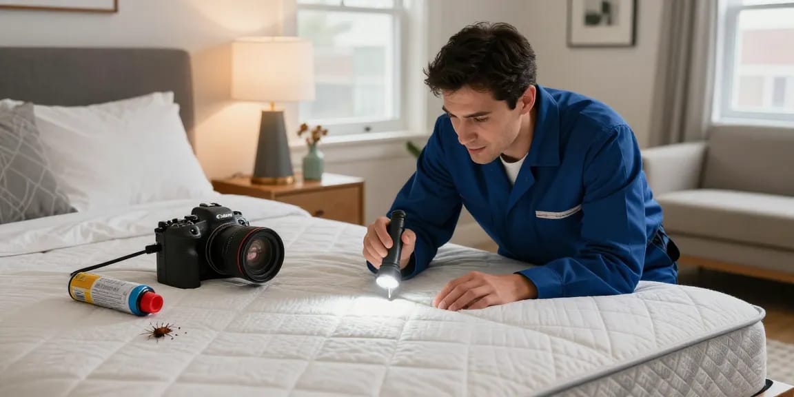Bed bug removal expert inspecting mattress for infestations in Milwaukee bedroom.