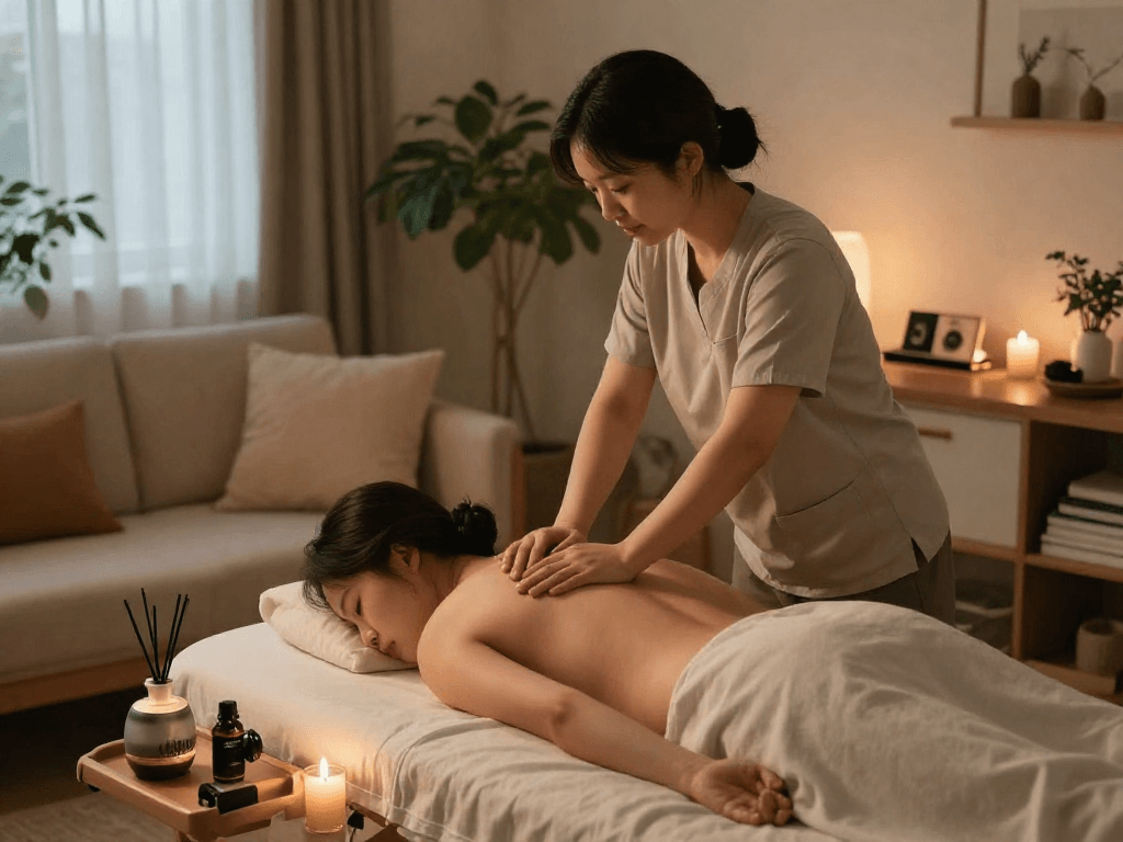 부천출장마사지 service provided at home with a tranquil atmosphere, showcasing a professional therapist and calming decor.