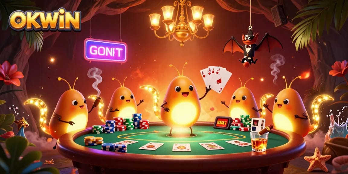 Immerse in OKWIN's vibrant cave casino with glowworms illuminating the scene and a bat dealer engaged in the action.