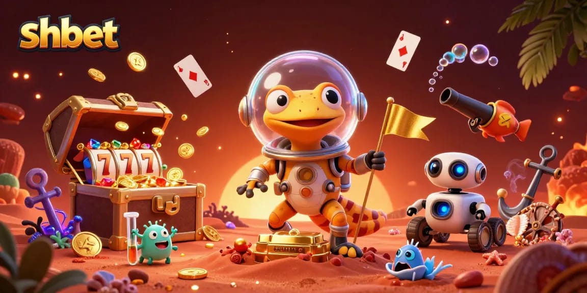 Experience shbet's thrilling casino adventures with a Martian gecko uncovering treasures in a vibrant illustration.
