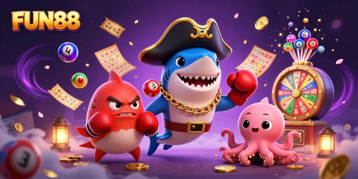 Experience FUN88's vibrant excitement with a stunning casino-themed 3D illustration showcasing playful characters.