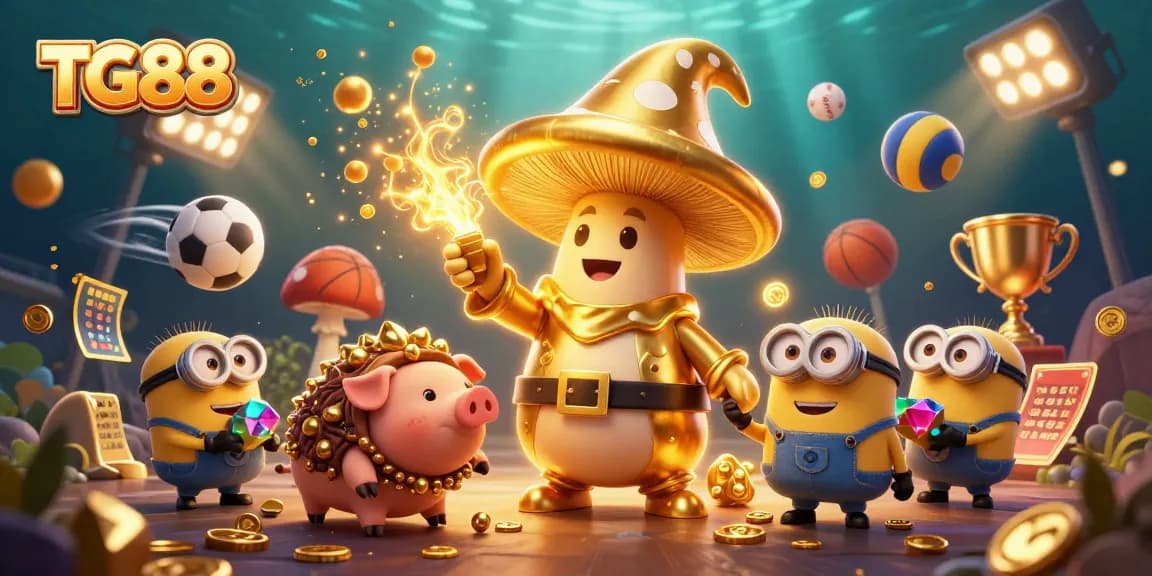 TG88 ignites excitement with a golden mushroom wizard amidst vibrant casino elements