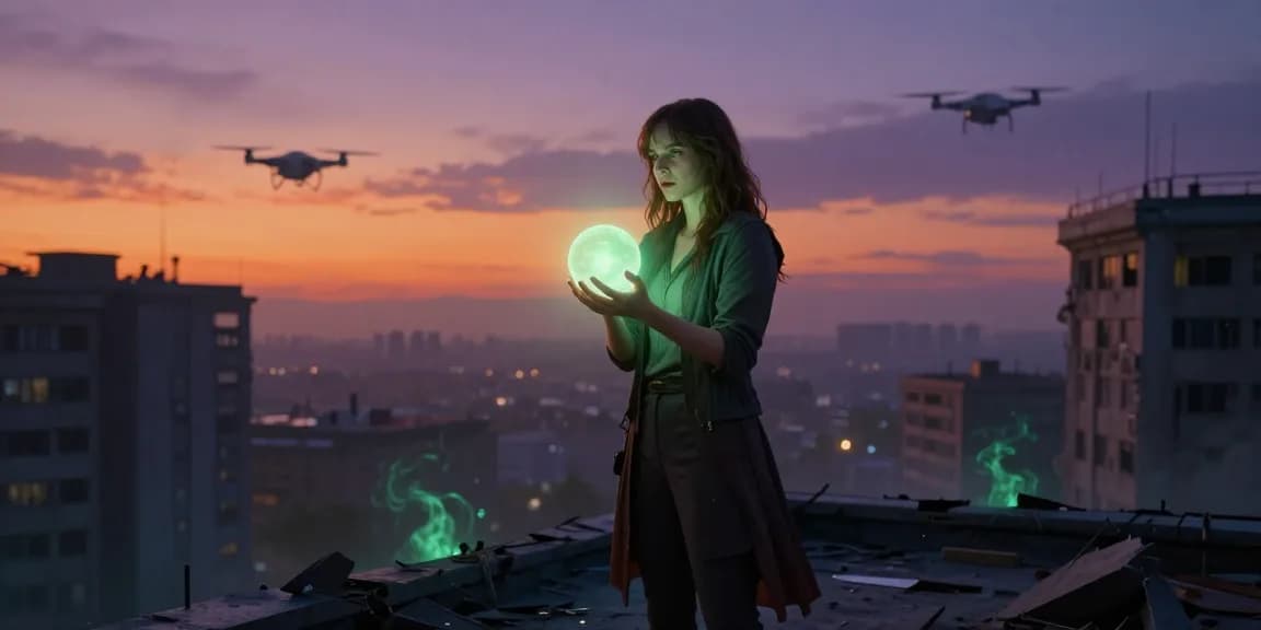 Emma Thorne in a dystopian sci-fi series holding a glowing orb of emotions, symbolizing heroic sacrifice.