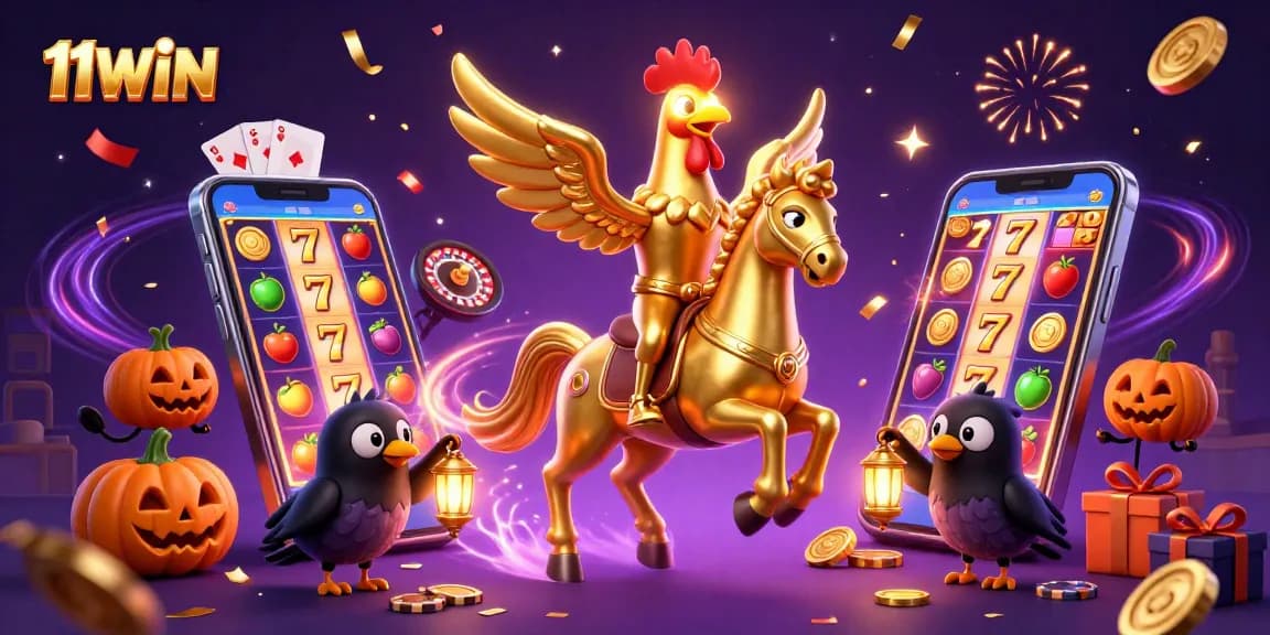 Engage in thrilling wins at 11WIN with a vibrant golden rooster and casino games.