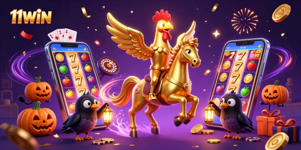Engage in thrilling wins at 11WIN with a vibrant golden rooster and casino games.