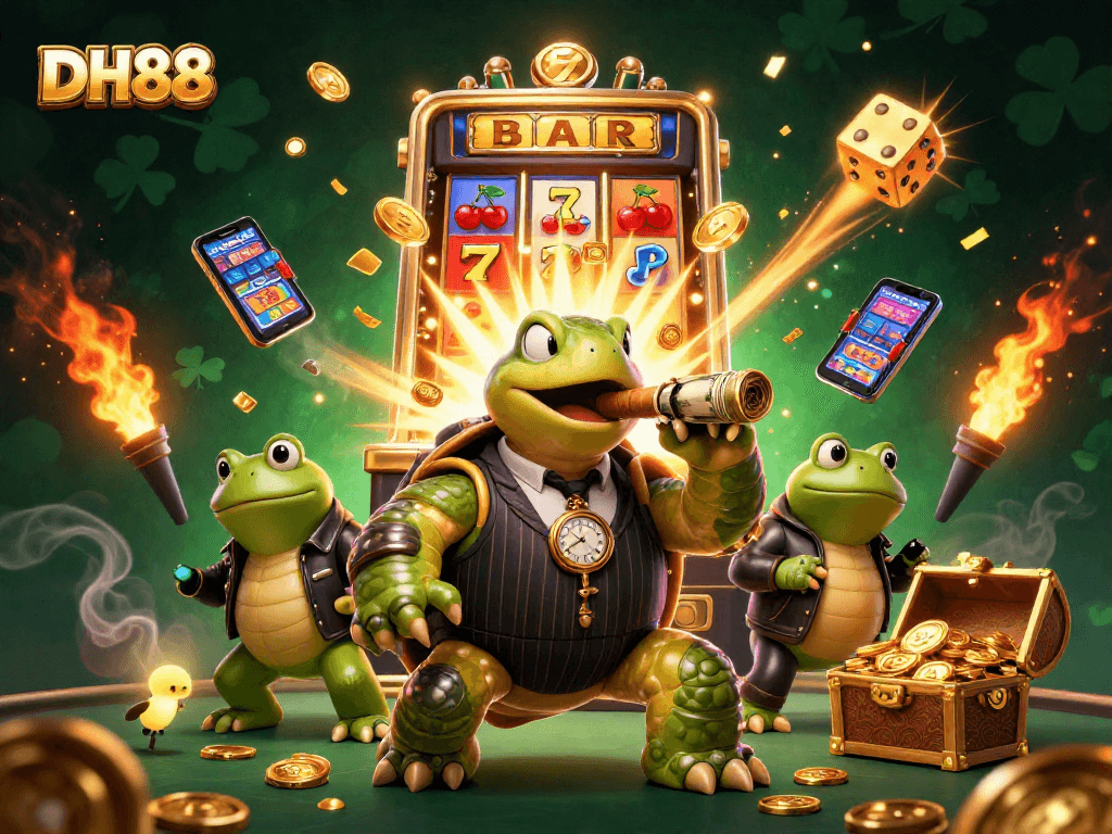 Experience the DH88 gaming adventure with massive jackpot explosions, slot machines, and vibrant casino characters.