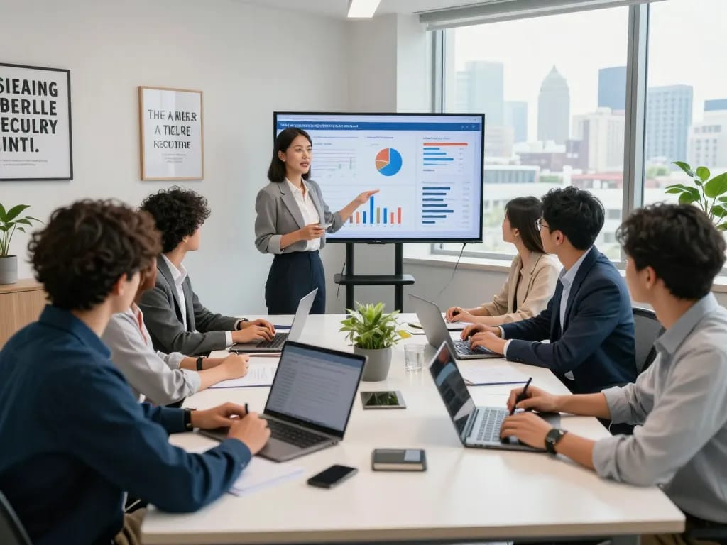 Diverse team strategizing in modern office for search firms with data analytics presentation.