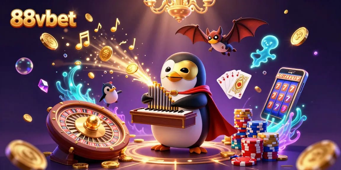 Join the excitement of 88vbet with a vibrant casino illustration featuring a 3D penguin playing for glory!