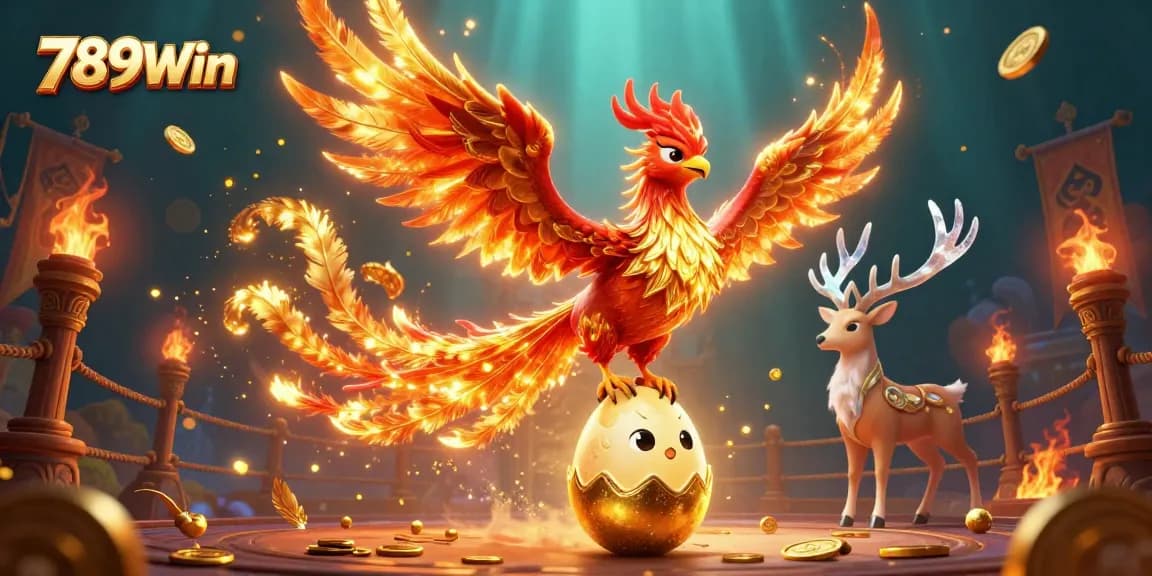 Engage with 789Win's magical world featuring vibrant phoenixes, golden coins, and casino elements.