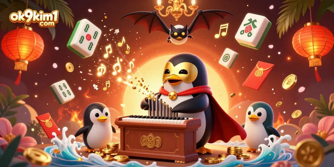 Experience the excitement of ok9kim1 com with a vibrant 3D casino scene featuring golden musical elements.
