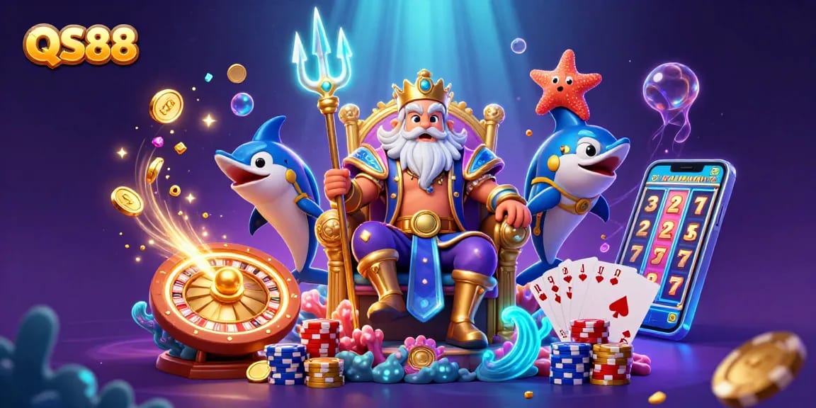 Experience the thrill of QS88 with cartoon sea king Neptune and exciting casino elements.