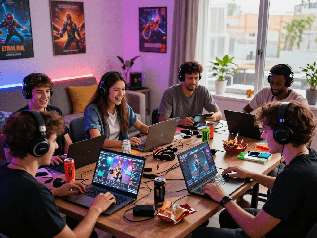 Group enjoying free porn games on various devices in a vibrant living room