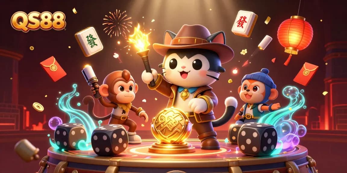 Experience the excitement of QS88 with an animated scene showcasing a cat archaeologist and monkey as they uncover casino treasures.