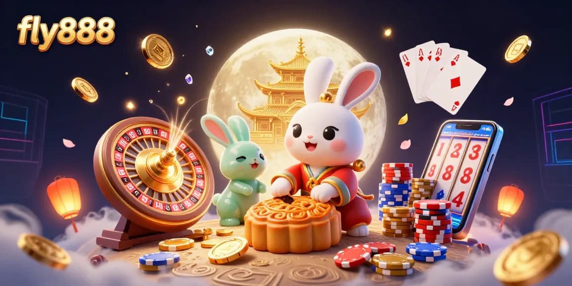 Join the excitement at fly888 with this vibrant 3D rendering of a moon rabbit celebrating big wins in a celestial casino.