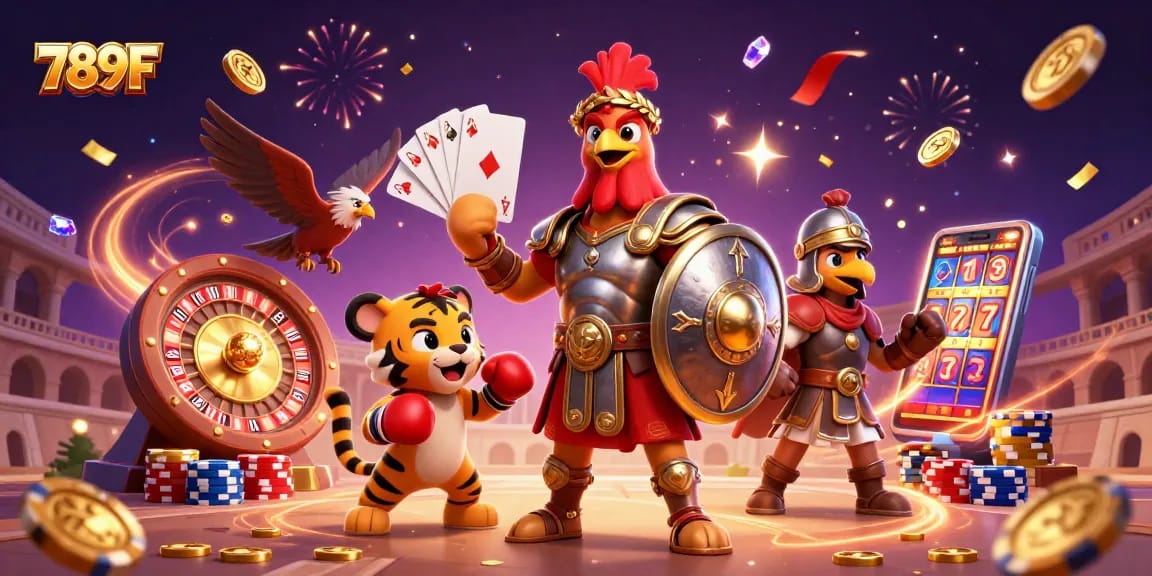 Experience thrilling action with 789F's diverse casino games featuring vibrant characters and exciting game elements.
