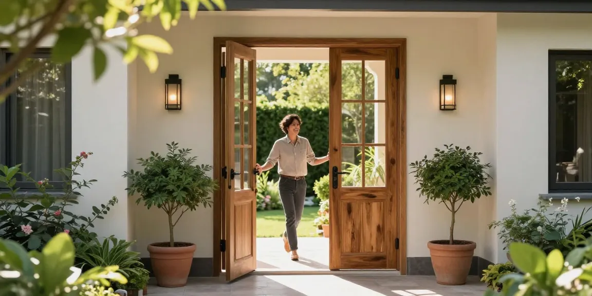 Elegant single leaf double swing door inviting guests into a lush garden.