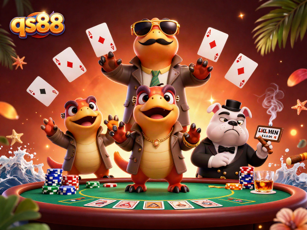 qs88 highlights a raptor trio attempting to sneak into a VIP lounge beside poker elements and a bulldog bouncer.
