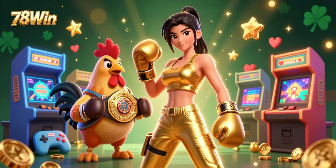 Engage with 78Win's exciting gambling scene featuring a powerful woman and a championship rooster.