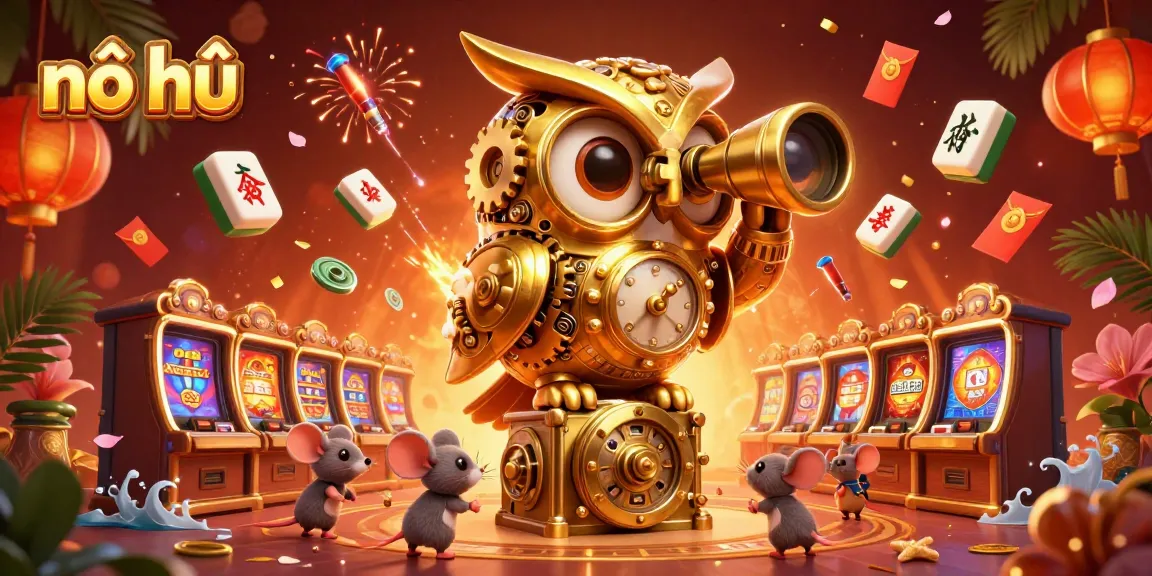 Experience the excitement of nổ hũ with a vibrant 3D illustration depicting dynamic slot machines, golden treasures, and lively casino characters.