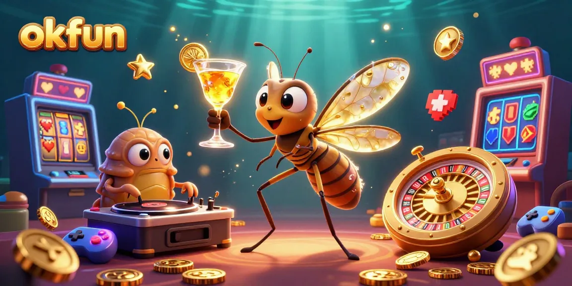 Experience the excitement of okfun with a vibrant scene of casino life, featuring colorful slot machines and lively characters.