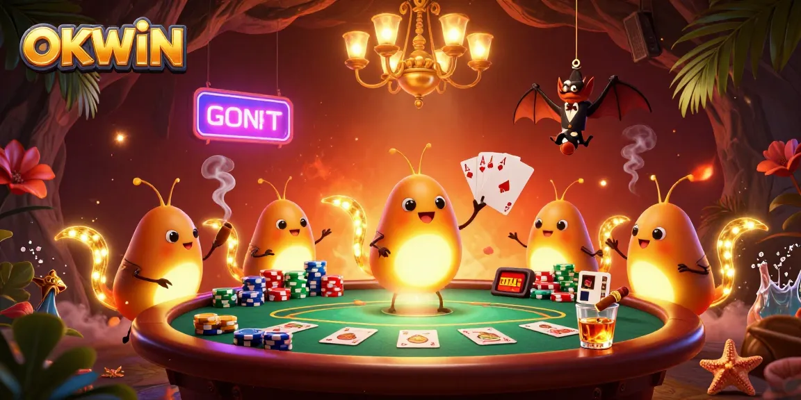 Immerse in OKWIN's vibrant cave casino with glowworms illuminating the scene and a bat dealer engaged in the action.