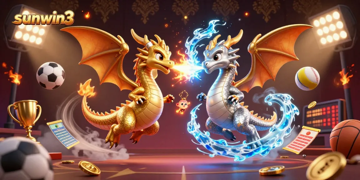 Experience excitement with sunwin3 as twin dragons battle amid dynamic sports elements in this vibrant scene.