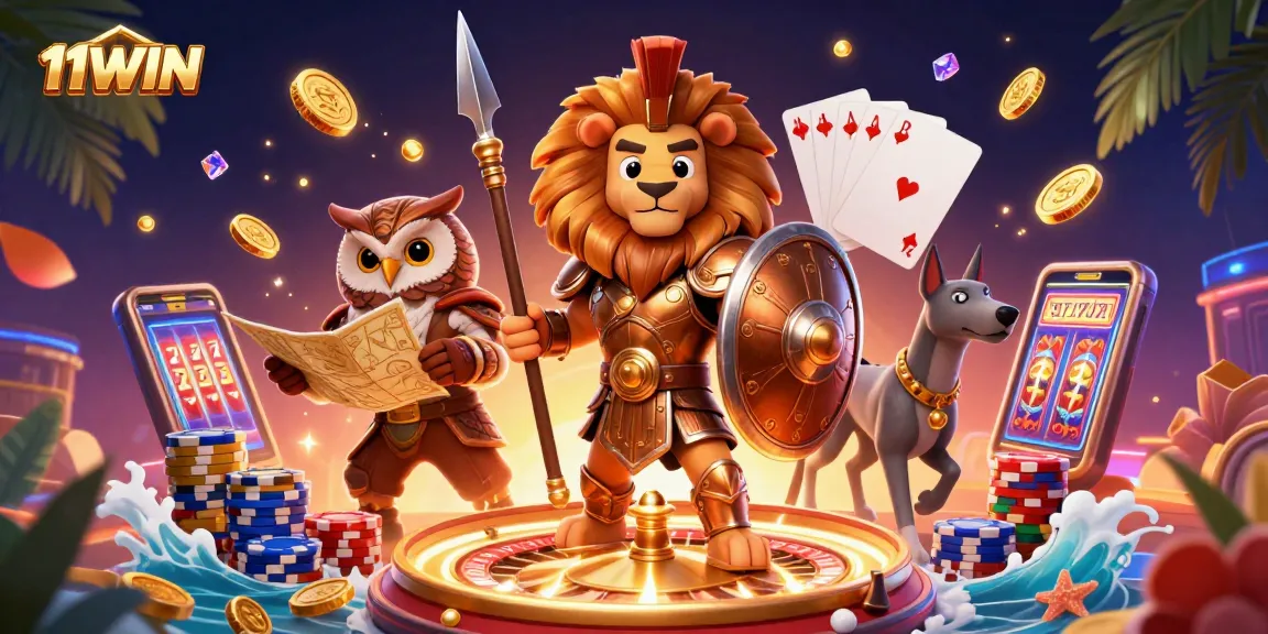 Experience the excitement of 11WIN with a vibrant casino scene featuring engaging characters and dynamic gaming elements.