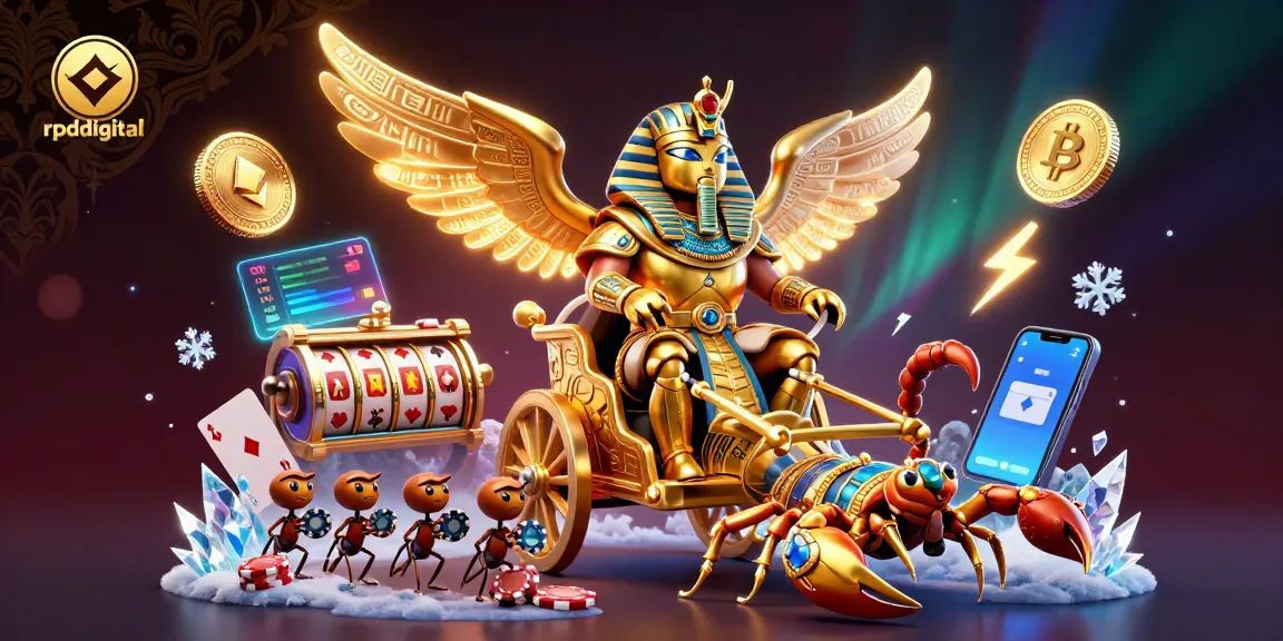 Showcase rpdigital's casino adventure with a golden scarab beetle and vibrant gaming elements.