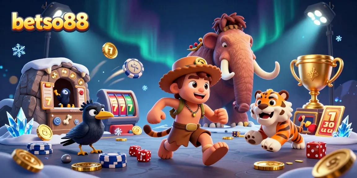 Betso88 presents a vibrant, animated scene of prehistoric gaming with a caveman, sabertooth tiger, and crow.
