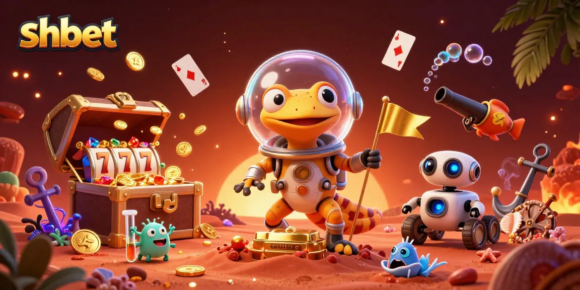 Experience shbet's thrilling casino adventures with a Martian gecko uncovering treasures in a vibrant illustration.
