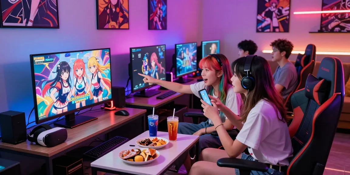 Friends enjoying hentaigames on various devices in a vibrant gaming lounge.
