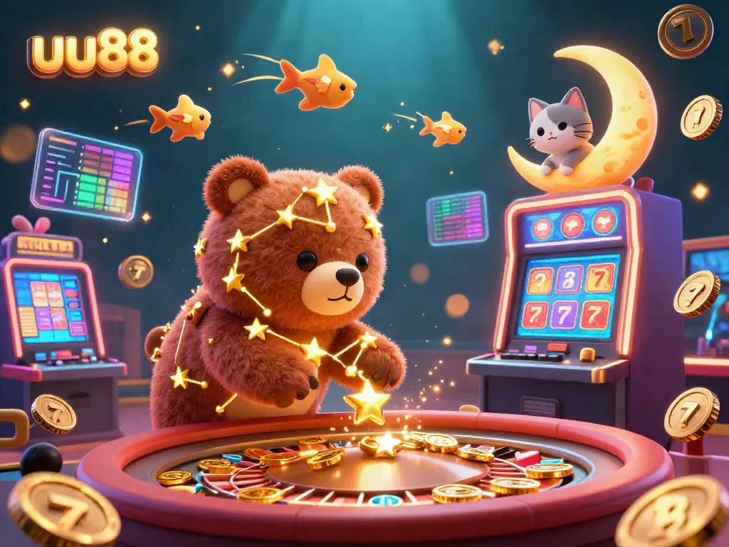 Experience thrilling bets at uu88 with the constellation bear scooping golden coins amidst vibrant casino elements.