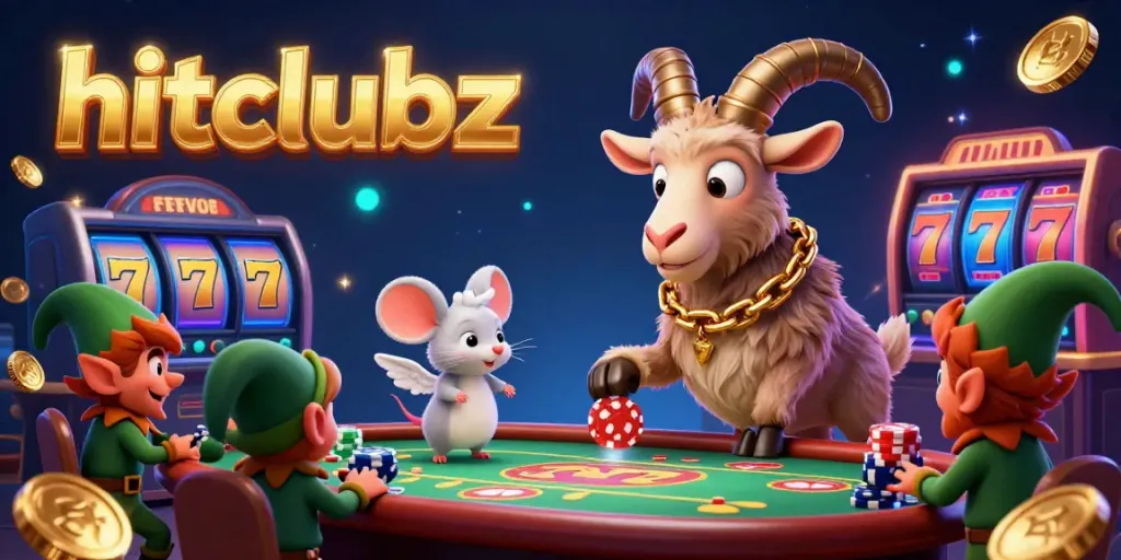 Experience thrilling excitement at hitclubz with a lively casino scene and animated characters amidst dynamic gaming action.