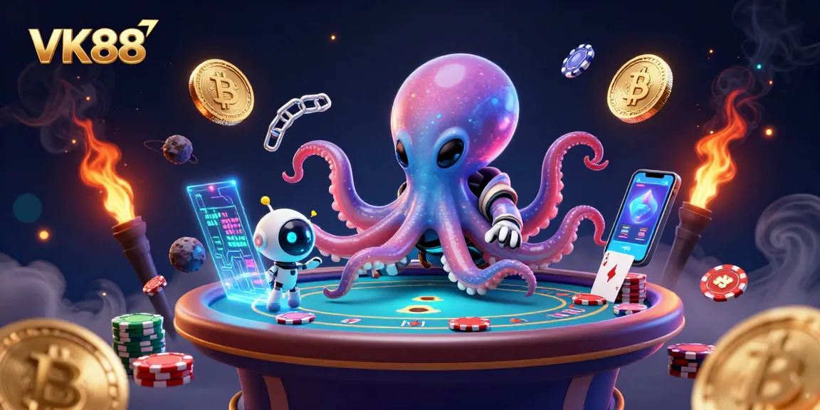 Engage with VK88 at a holographic poker table featuring vibrant casino elements and cosmic designs.