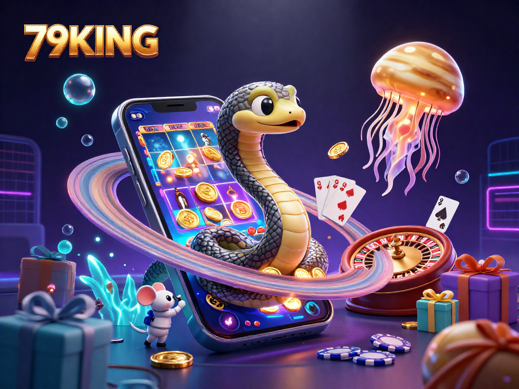Engaging cosmic scene of 79KING with a roulette wheel, astronaut mice placing bets.
