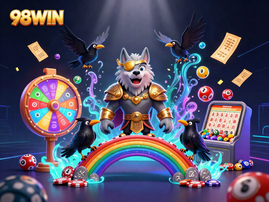 Experience thrilling adventures with 98WIN as Odin and ravens journey across a vibrant casino chip bridge.